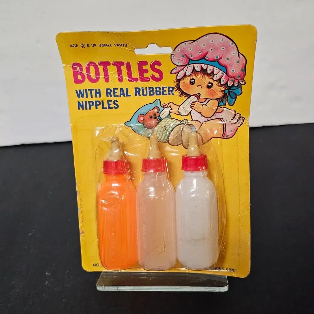 New Vtg Baby Doll Bottles Real Rubber Milk Apple Juice Water